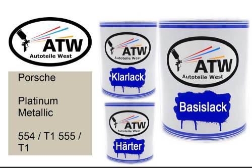 Porsche, Platinum Metallic, 554 / T1 555 / T1: 1L Lackdose + 1L Klarlack + 500ml Härter - Set, von ATW Autoteile West.